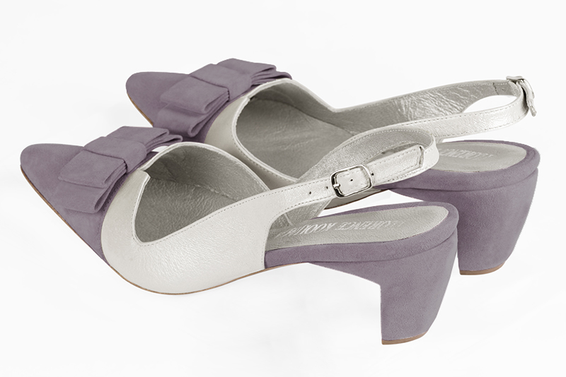 Lilac purple and pure white women's open back shoes, with a knot. Tapered toe. Medium comma heels. Rear view - Florence KOOIJMAN